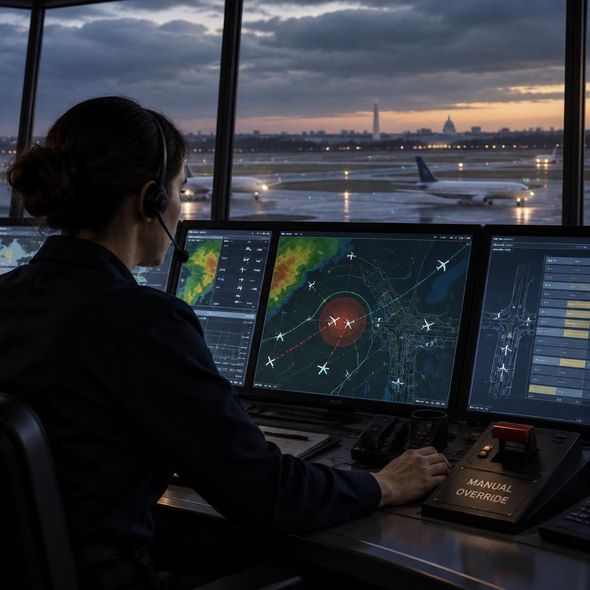 Editorial illustration for “Who Can Overrule the AI Control Tower?,” based on the article’s subject.