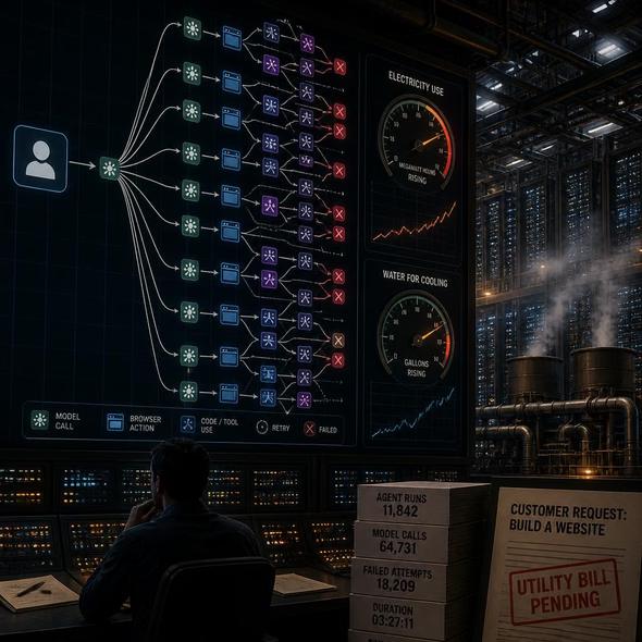 Editorial illustration for “AI Agents Send Their Own Utility Bill,” based on the article’s subject.