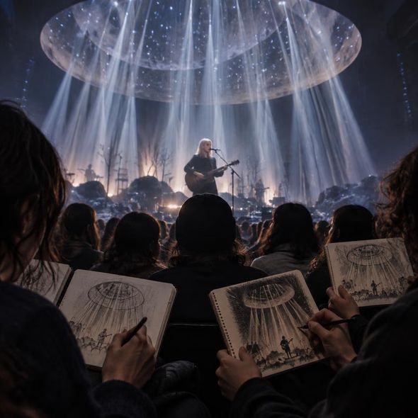 Editorial illustration for “Phoebe Bridgers Made the Audience Draw the Light,” based on the article’s subject.