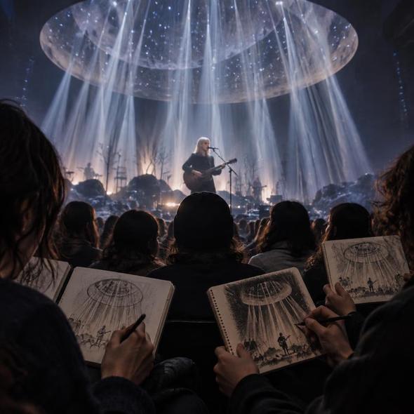 Editorial illustration for “Phoebe Bridgers Made the Audience Draw the Light,” based on the article’s subject.