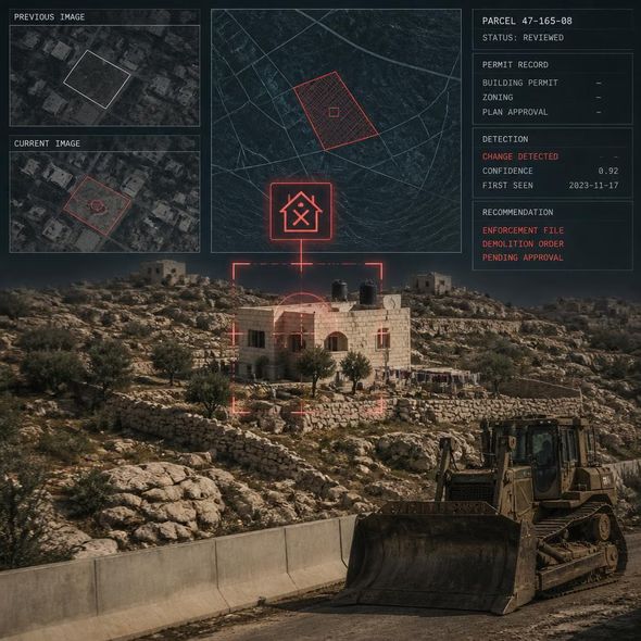 Editorial illustration for “An Algorithm Marks the West Bank for Demolition,” based on the article’s subject.