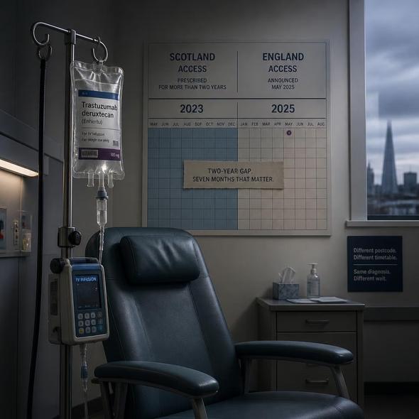 Editorial illustration for “NHS England Adds Enhertu After Scotland,” based on the article’s subject.