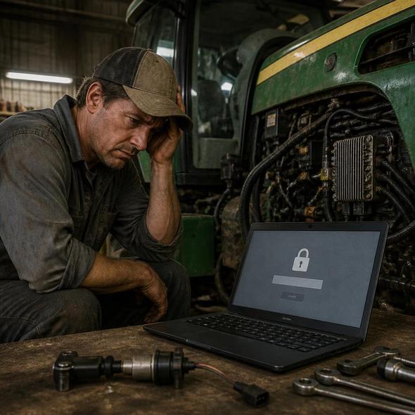 Editorial illustration for “John Deere Rents Farmers the Right to Repair,” based on the article’s subject.