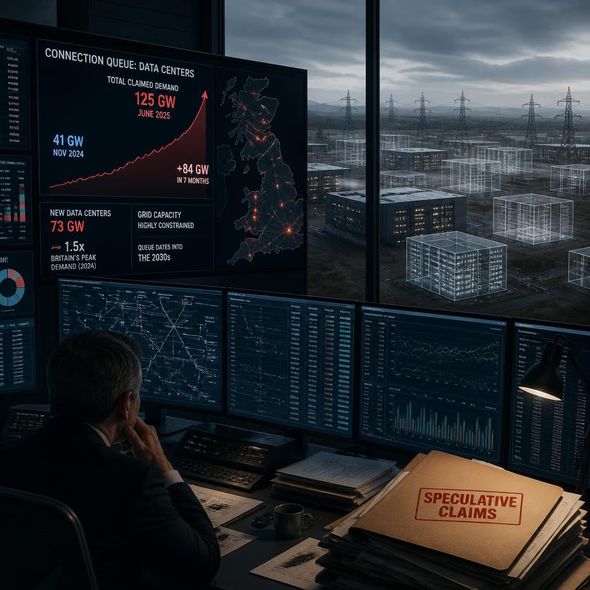 Editorial illustration for “Britain’s Grid Has a Queue Full of Phantom Data Centers,” based on the article’s subject.