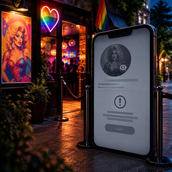 Editorial illustration for “Meta Is Not the Gay Bar’s Bouncer,” based on the article’s subject.
