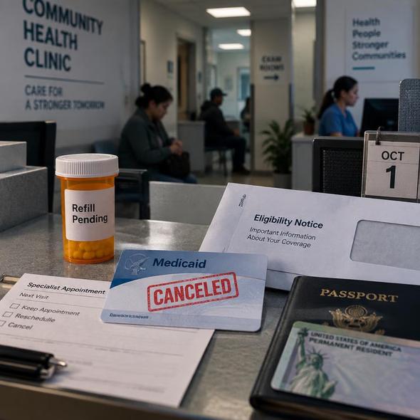Editorial illustration for “October 1 Removes Medicaid From Many Legal Immigrants,” based on the article’s subject.