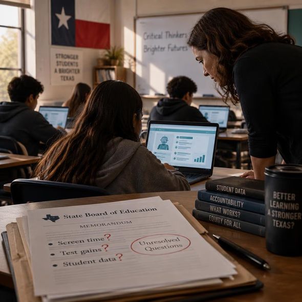 Editorial illustration for “Texas Piloted the AI Tool Its Education Board Questioned,” based on the article’s subject.