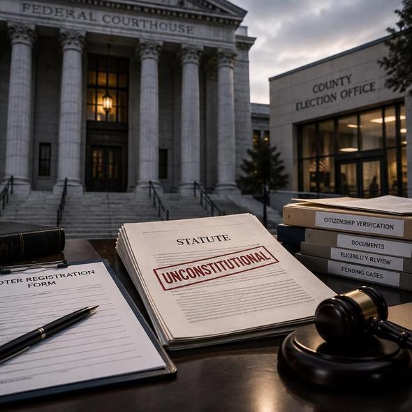 Editorial illustration for “The Noncitizen-Voting Law Fails Its Constitutional Test,” based on the article’s subject.