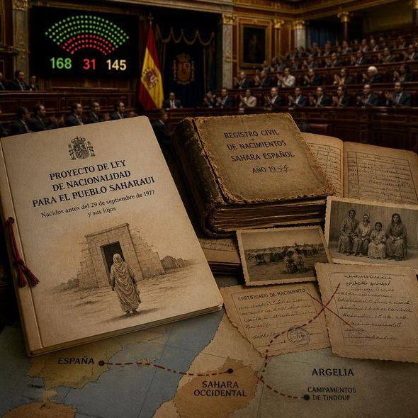 Editorial illustration for “Spain Votes to Recognize the Sahrawis It Once Counted,” based on the article’s subject.