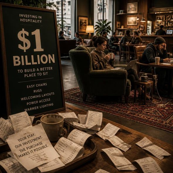 Editorial illustration for “Starbucks Budgets $1 Billion for a Place to Sit,” based on the article’s subject.