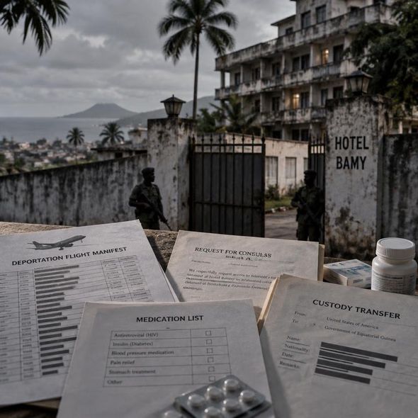 Editorial illustration for “Hotel Bamy Is Part of the Deportation System,” based on the article’s subject.