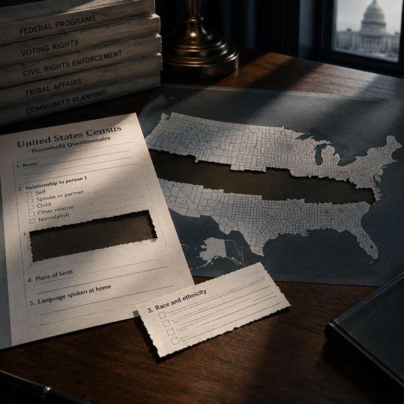 Editorial illustration for “A Race-Blind Census Would Blind the Law,” based on the article’s subject.