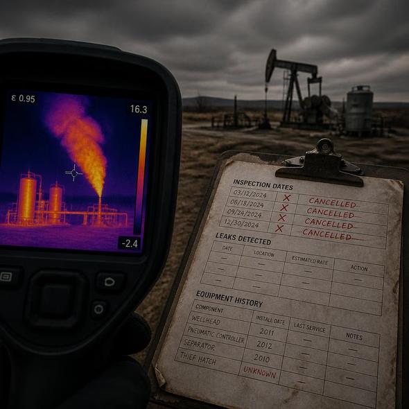 Editorial illustration for “Looser Methane Rules Need a Public Leak Ledger,” based on the article’s subject.