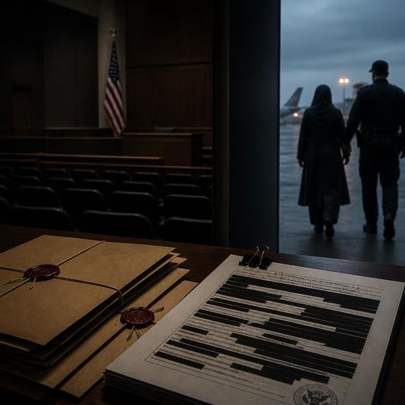 Editorial illustration for “The First Secret-Court Deportation Sets a Public Precedent,” based on the article’s subject.