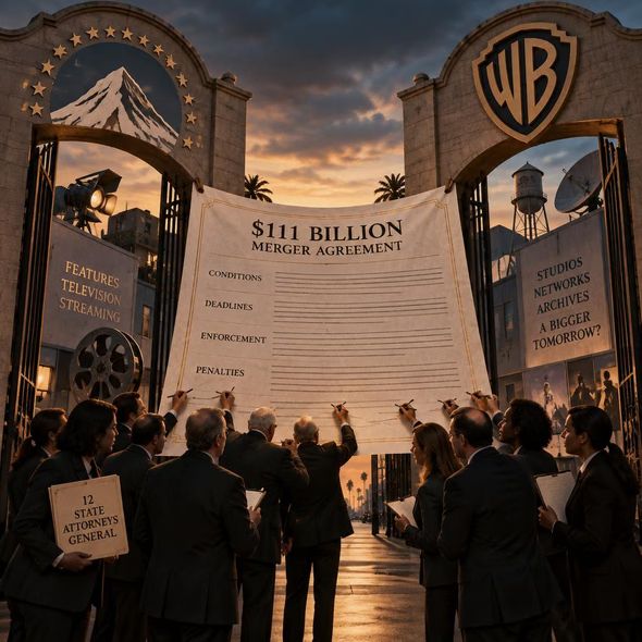 Editorial illustration for “Paramount Offers Conditions for the $111 Billion Sequel,” based on the article’s subject.
