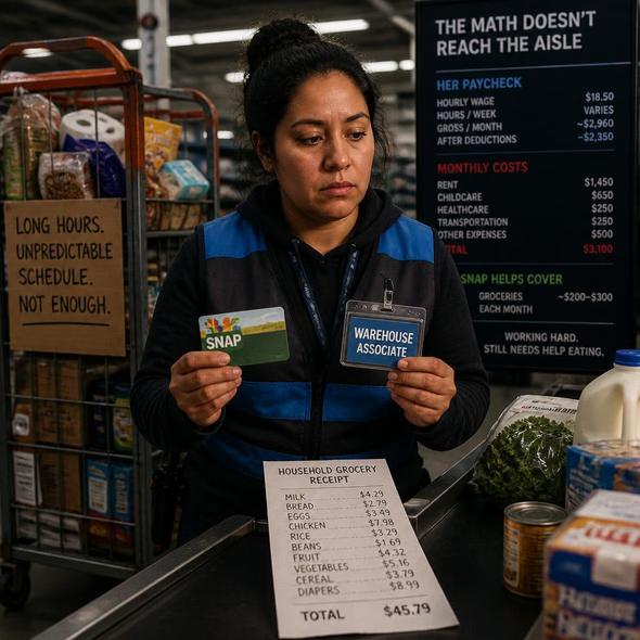 Editorial illustration for “Amazon Workers Need a Public Grocery Budget,” based on the article’s subject.