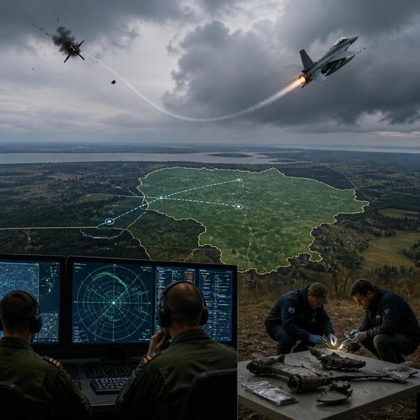 Editorial illustration for “NATO Fired Before the Drone Had an Owner,” based on the article’s subject.