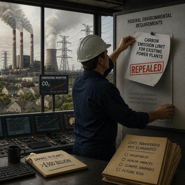 Editorial illustration for “Trump’s EPA Repeals Power-Plant Carbon Limits,” based on the article’s subject.