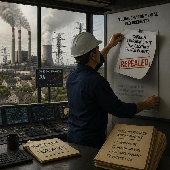 Editorial illustration for “Trump’s EPA Repeals Power-Plant Carbon Limits,” based on the article’s subject.