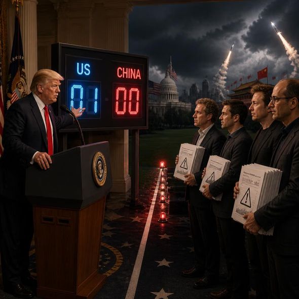 Editorial illustration for “Trump Sets One AI Metric: Beat China,” based on the article’s subject.