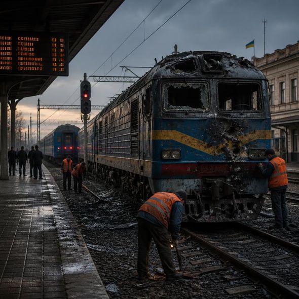 Editorial illustration for “Ukraine’s Railway Carried the Delegation. Then Came the Strike.,” based on the article’s subject.