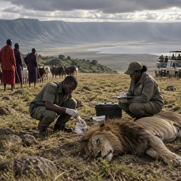 Editorial illustration for “Ngorongoro’s Ten Lions Left a Poison Trail,” based on the article’s subject.