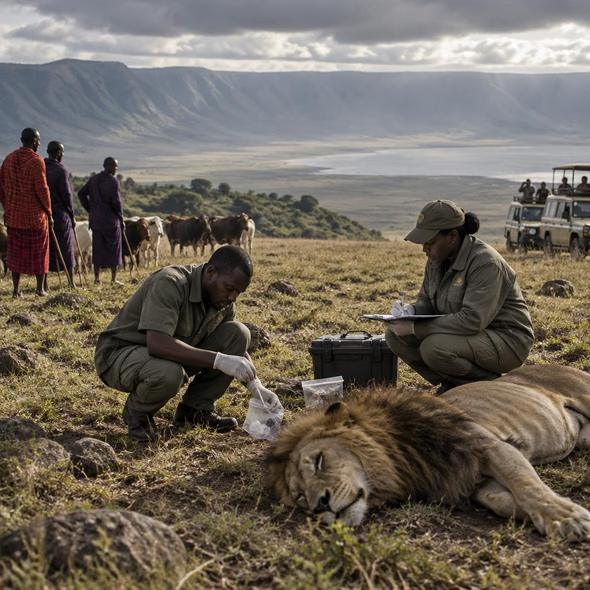 Editorial illustration for “Ngorongoro’s Ten Lions Left a Poison Trail,” based on the article’s subject.