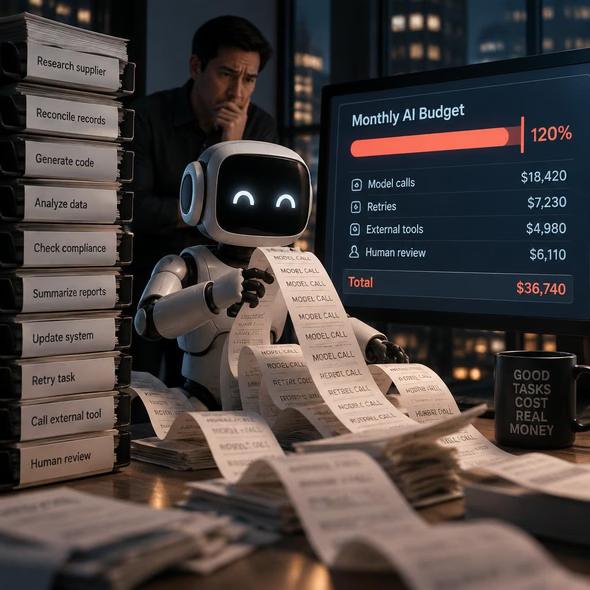 Editorial illustration for “The AI Invoice Refuses a Flat Rate,” based on the article’s subject.