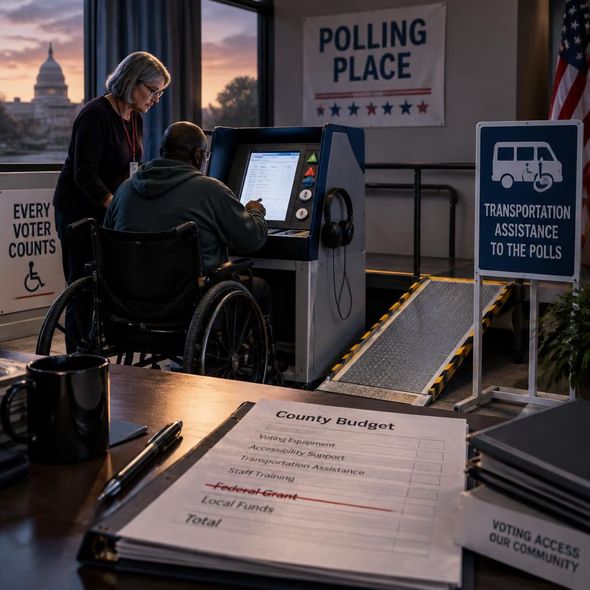 Editorial illustration for “Accessible Voting Funds Face a White House Veto,” based on the article’s subject.