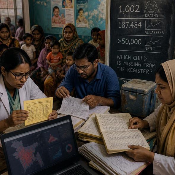 Editorial illustration for “Bangladesh’s Measles Record Must Explain 1,002 Child Deaths,” based on the article’s subject.