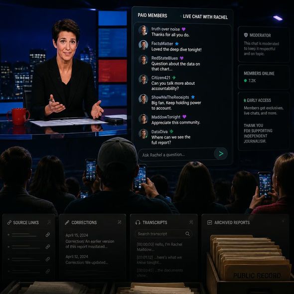 Editorial illustration for “MS NOW Invites the Audience Into the Group Chat,” based on the article’s subject.