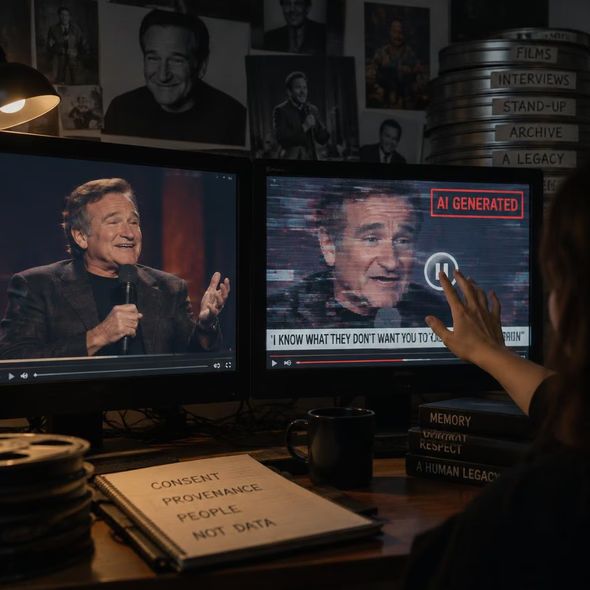 Editorial illustration for “Robin Williams Did Not Leave an AI Role,” based on the article’s subject.