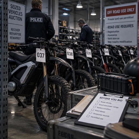 Editorial illustration for “At Least 161 Seized E-Motorbikes Went Back on Sale,” based on the article’s subject.