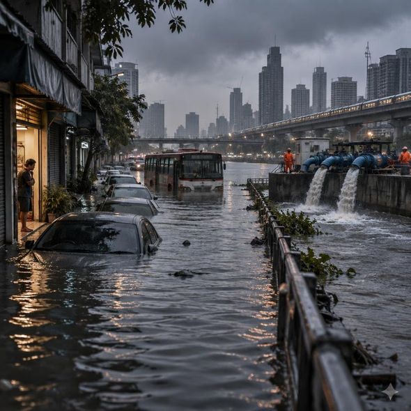 Editorial illustration for “Bangkok Floods Beyond the Seasonal Script,” based on the article’s subject.