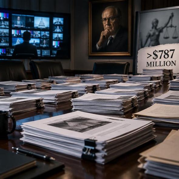 Editorial illustration for “Fox’s $787 Million Settlement Did Not Close the File,” based on the article’s subject.