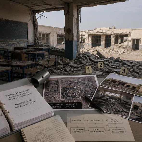 Editorial illustration for “The Minab School Strike Enters the War-Crimes File,” based on the article’s subject.
