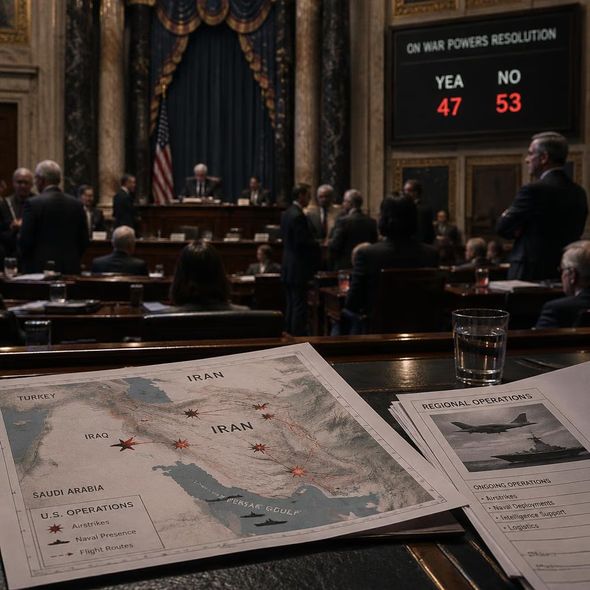 Editorial illustration for “The Senate Leaves the Iran War Running,” based on the article’s subject.