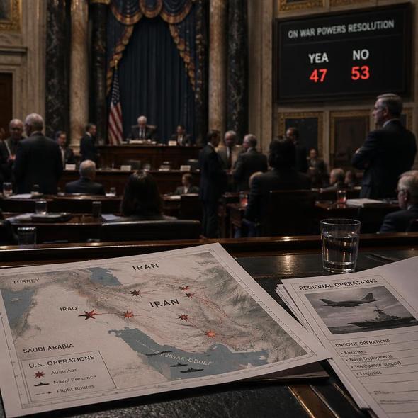 Editorial illustration for “The Senate Leaves the Iran War Running,” based on the article’s subject.