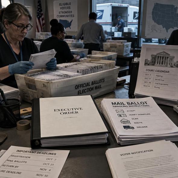 Editorial illustration for “Trump’s Mail-Voting Plan Has a Paper Trail,” based on the article’s subject.