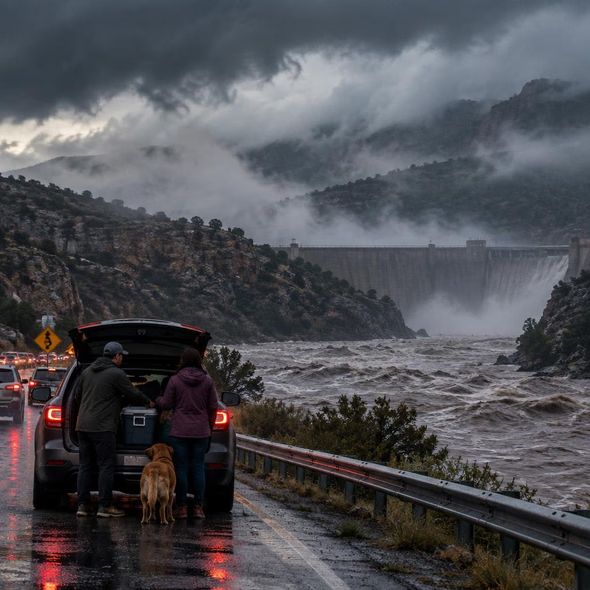 Editorial illustration for “Hurricane Polo Leaves New Mexico Watching the Dam,” based on the article’s subject.