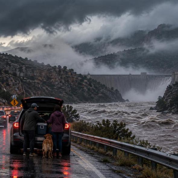 Editorial illustration for “Hurricane Polo Leaves New Mexico Watching the Dam,” based on the article’s subject.