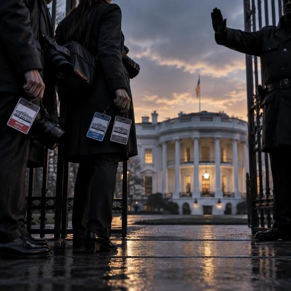 Editorial illustration for “The Press Pass Is Not a Presidential Favor,” based on the article’s subject.