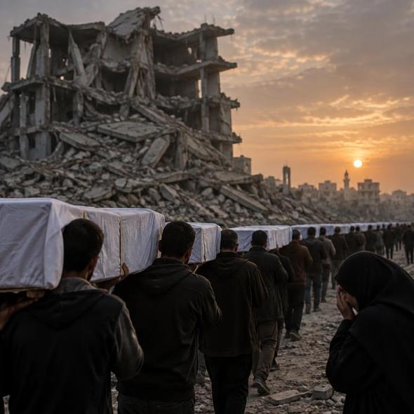 Editorial illustration for “Gaza Carries 105 Coffins From the Rubble,” based on the article’s subject.