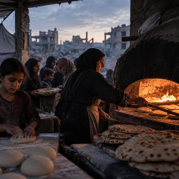 Editorial illustration for “Gaza’s Communal Ovens Ration the Flame,” based on the article’s subject.