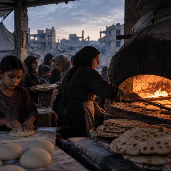 Editorial illustration for “Gaza’s Communal Ovens Ration the Flame,” based on the article’s subject.